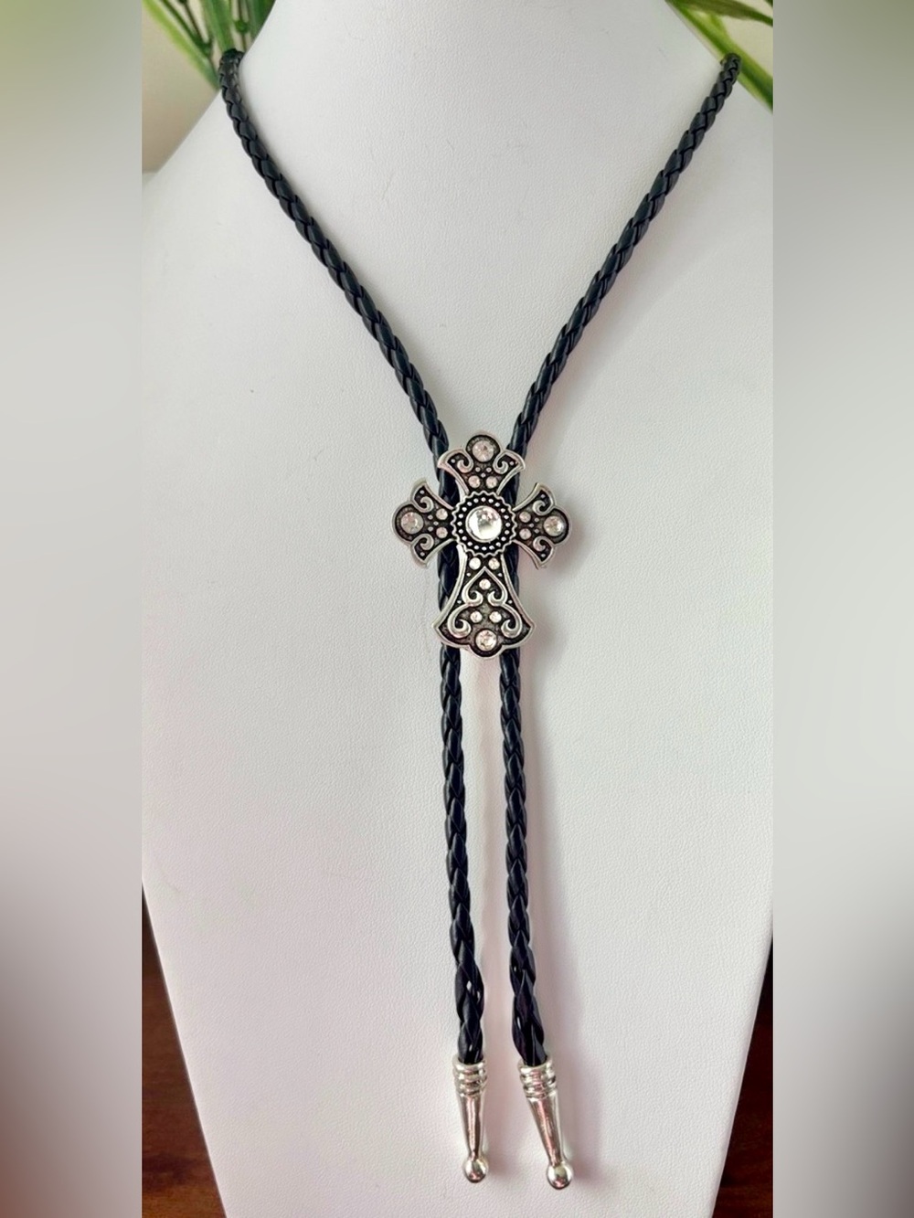 Crystal Ave. Bolo,Cross-shape slide,/intricate scrollwork,rhinestone,leathe